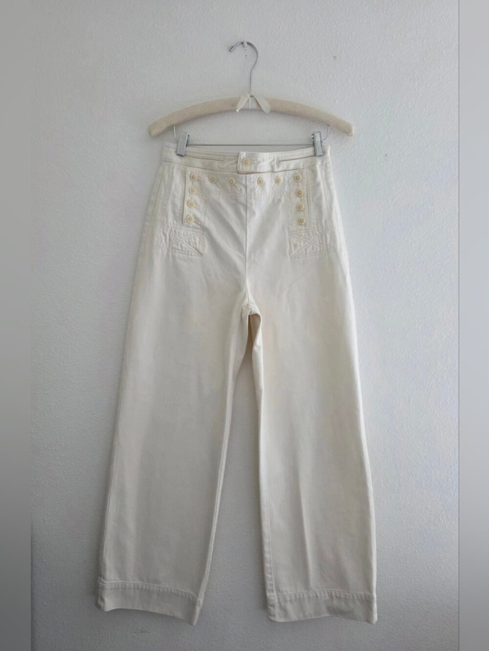 Tory Burch Button Detail Cropped Wide Leg Sailor Pants in Ivory Heavy Denim Sz 4